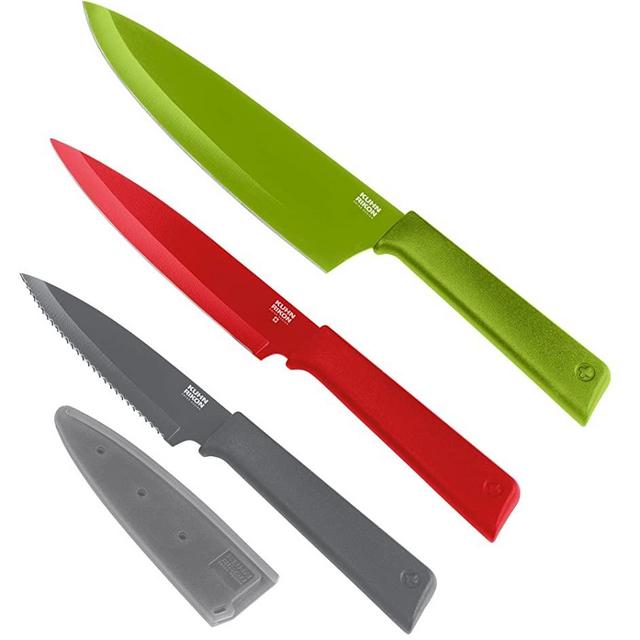 Kuhn Rikon COLORI+ Mixed Knife Set with Non-Stick Coating and Safety Sheaths, Set of 3, Green, Red and Graphite Grey