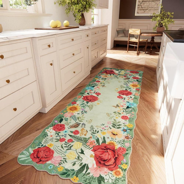 NoiFamo Kitchen Rug Runners for Hallways: 2x6 Washable Runner Rugs for Kitchen Ultra Thin Stain Resistant Non Slip Low Pile Lightweight Floral Carpet for Laundry Room, Bedside Decor (Light Green)