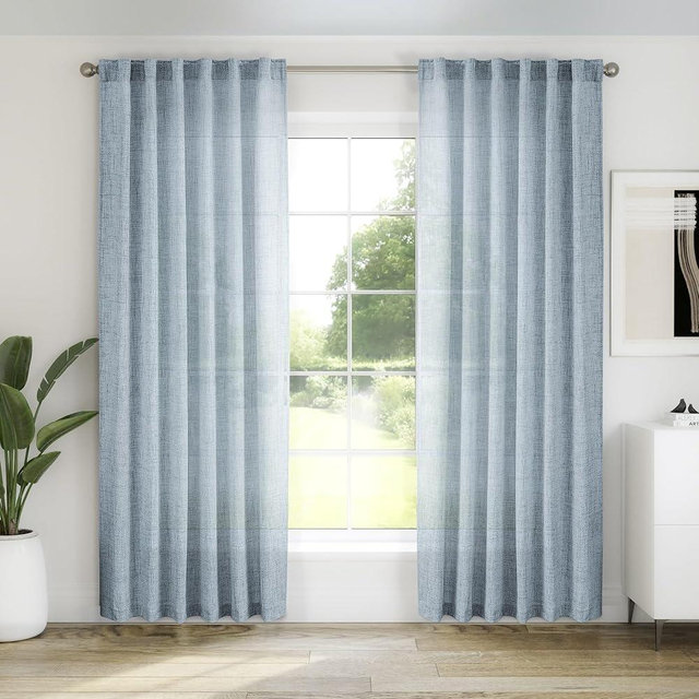 MEETBILY Light Blue Linen Curtains 92 Inch Length 2 Panel Set for Living Room - Semi Sheer Farmhouse Drapes With Back Tab Rod Pocket, Light Filtering for Bedroom, Stone Blue