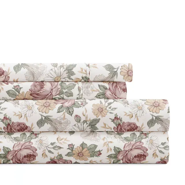 Delicate Blossoms Floral Patterned Ultra-Soft 4 Piece Bed Sheet Set - Becky Cameron, Blooming Floral Rose, Queen