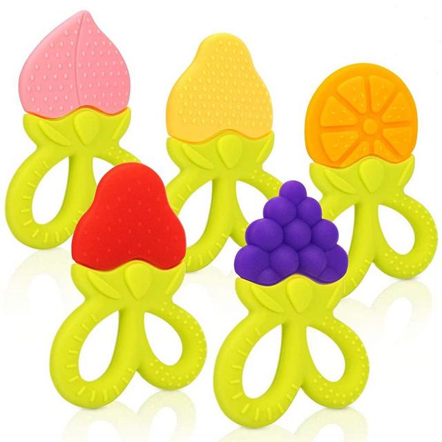 SHARE&CARE BPA Free Silicone Fruit Baby Teether Toy with Storage Case, for 3 Months Above Infant Sore Gums Pain Relief (5 Fruits)