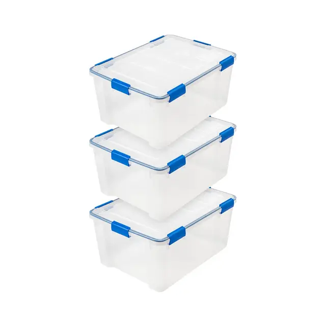 IRIS USA 60 Qt Storage Box with Gasket Seal Lid, 3 Pack, Weather Proof Tote Bin, WEATHERPRO - Clear/Blue