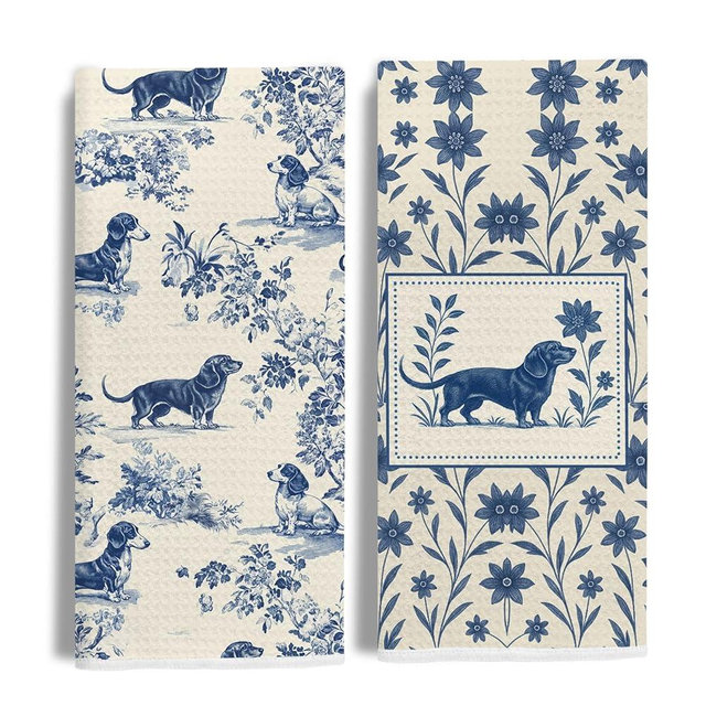 EKGJW Blue Chinoiserie Dachshund Kitchen Towels, Dachshund Lover Gifts, Wiener Dog Gifts Dish Tea Towels for Kitchen, Vintage French Toile Dog Decorative Hand Towel for Bathroom, 16x24 Inch Set of 2