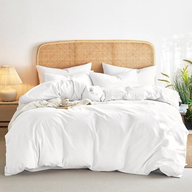 Wake In Cloud - Cotton Duvet Cover Set, Queen Size, White, 100% Washed Cotton, Linen Like Textured, Breathable Percale Durable Comfy Farmhouse Neutral Bedding Set, 3 Pieces