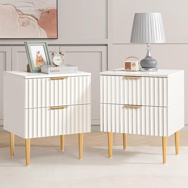 SICOTAS White Night Stand Set 2, Wide Fluted Nightstand with 2 Drawers, Modern Glossy Storage Bedside Table for Bedroom, End Side Table with Golden Metal Legs and Handles（2, White）