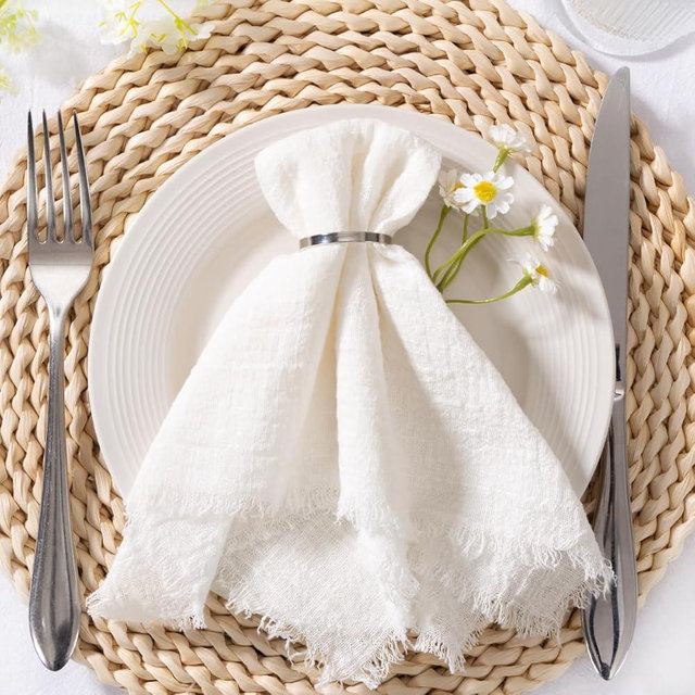 MLMC 6 Pack Ivory White Cloth Napkins with Fringe Boho Linen Napkins Washable Reusable Rustic Dinner Table Decor 17"×17" for Wedding Party Bridal Baby Shower Decor