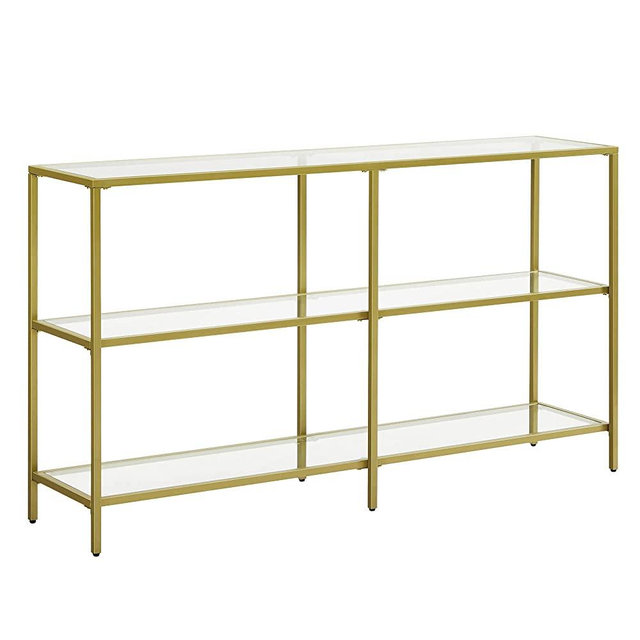 VASAGLE Console Sofa Table with 3 Shelves, 51.2 x 11.8 x 28.7 Inches, Metal Frame, Tempered Glass Shelf, Modern Style, for Entryway Living Room Bedroom, Gold Color ULGT024A01