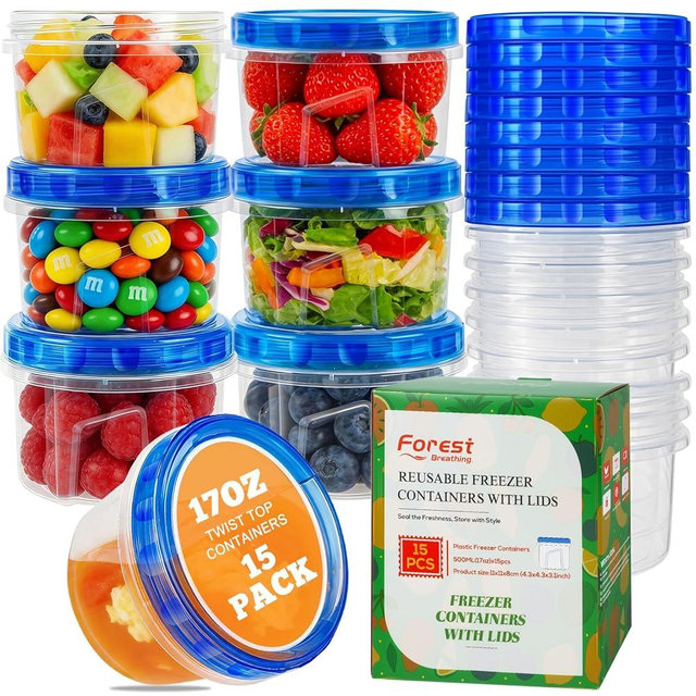 15 Pack 17oz Reusable Freezer Storage Containers with Twist Top Lids Airtight, Small Plastic Food Storage Containers for Meal Prep Leftover Lunch Fruit Salad, Soup Container Microwave Freezer Safe