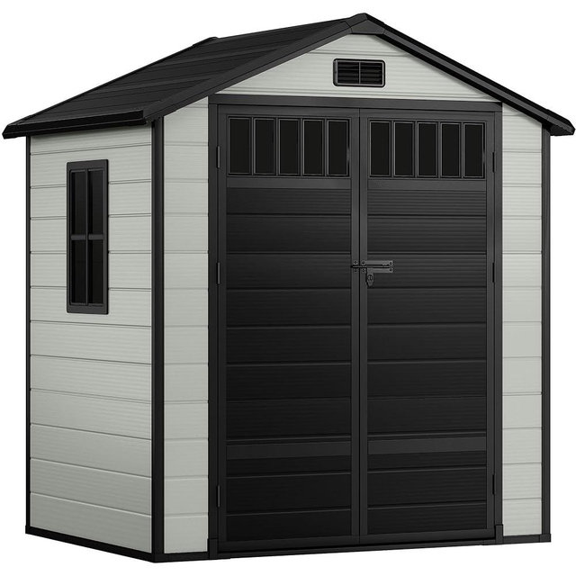 DWVO 6x4.4 FT Resin Storage Shed with Fence-Style and Side Windows, Lockable Door, and Vents for Garden, Backyard, Patio, Lawn, Blue-Gray