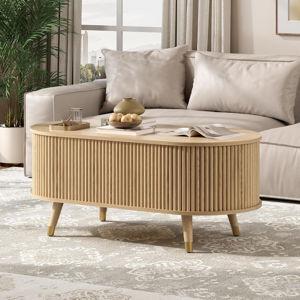 Oval Lift Top Coffee Table with Storage, 42.5” Fluted Coffee Table with Lifting Top & Solid Wood Legs, Mid Century Modern Center Table for Living Room, Home Office, Oak