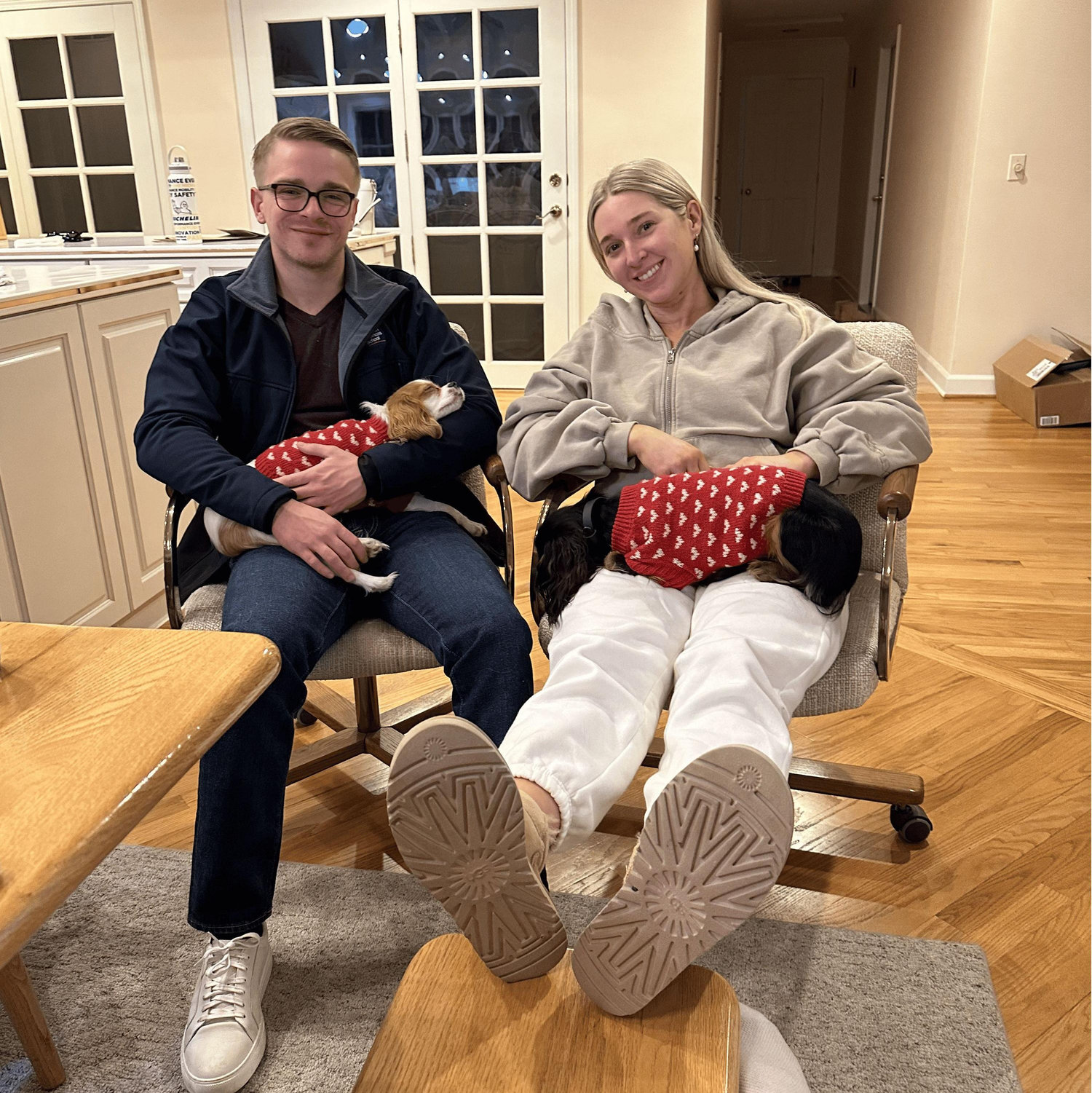 Winter 2022: with our puppies, Chessie and Kiki