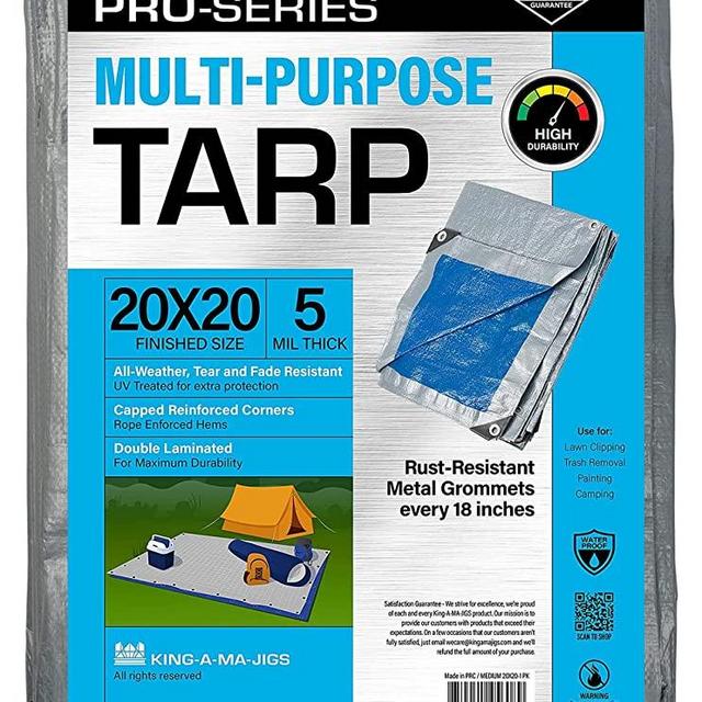 20x20 Ft Tarp, Waterproof Plastic Poly 5.5 Mil Thick Tarpaulin with Metal Grommets Every 18in - Emergency Rain Shelter, Outdoor Cover and Camping Use - (Reversible, Blue and Silver)