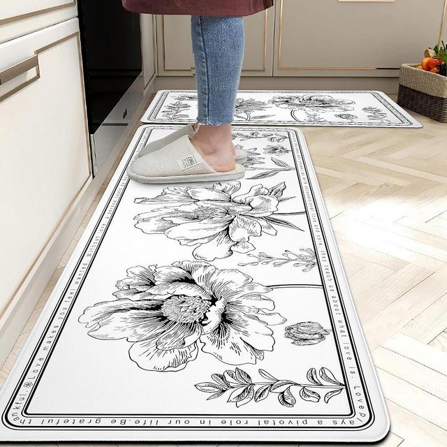Floral Kitchen Rugs Set of 2 Anti-Fatigue Non Slip Waterproof Cushioned Kitchen Runner Rugs PVC Comfort Standing Kitchen Mats for Floor, Office, Home, Laundry, 17.3''x28''+17.3''x47'', Black and White