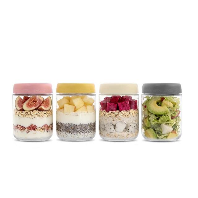 DicraoLea 16oz 4Pack Glass Overnight Oats Jars Containers with Airtight Leakproof Lids, Reusable Mason Jars for Meal Prep, Yogurt Parfaits, Smoothies, Salads & Healthy Breakfasts (16 OZ-4-2)