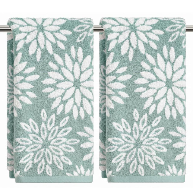 Artoid Mode 2 Pcs Beige Blue Dahlia Floral Jacquard Hand Towels for Bathroom, 100% Cotton Soft Absorbent Bathroom Decor Towels, 13.7 x 29.5 Inch