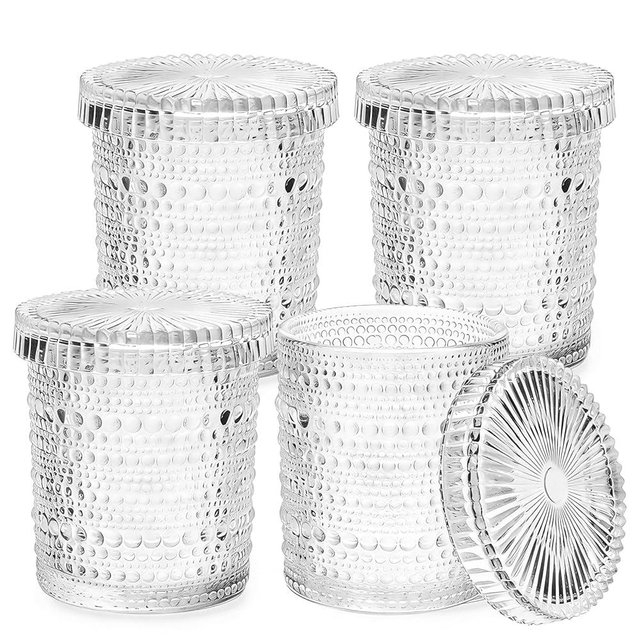 Bathroom Organizers and Storage, 4 pack Glass Qtip Holder, Bathroom Jars with Lids, Vanity Organizer for Cotton Rounds, Balls & Floss Picks, Qtips, Vanity & Makeup Bathroom Canisters with Lids (Clear)