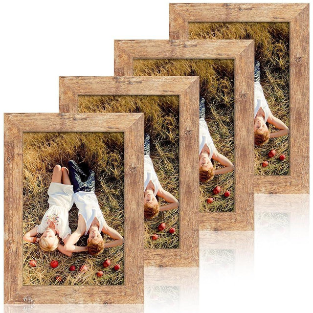iRahmen 6x9 Picture Frame Set of 4, High Definition Real Glass Rustic Brown Frame, 6 x 9 Wood Photo Frames for Tabletop Display and Wall Mounting
