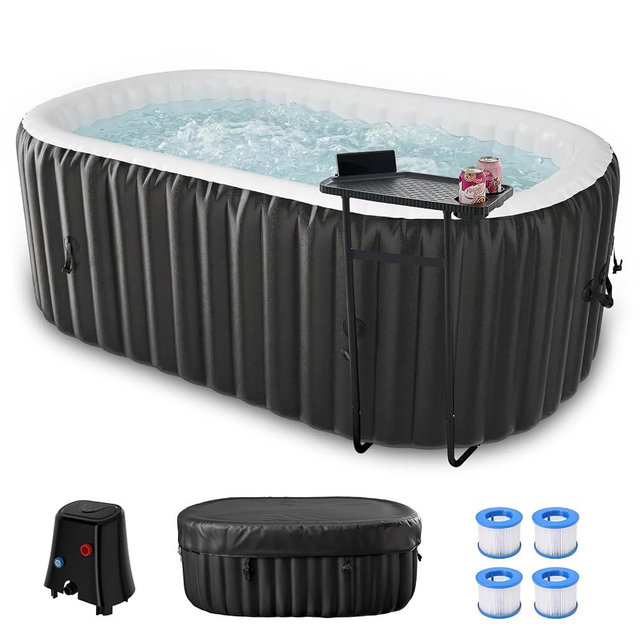DoCred 1-2 Person Inflatable Hot Tub, 75" X 47" X 25" Oval Blow Up Portable Hot Tub with 100 Bubble Jets, Large Outdoor Spa Bathtub Set Included Heater Pump, Insulated Cover and Side Table