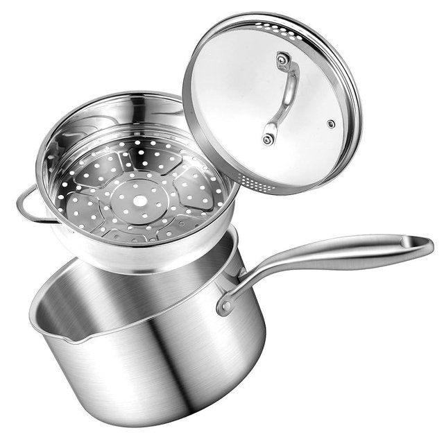Buttermelt 2.5 Quart Stainless Steel Saucepan with Steamer Basket, Tri-ply Full Body, Multipurpose Sauce Pot with Two-Size Drainage Holes Lid, Perfect For Boiling Gravies, Pasta, Noodles