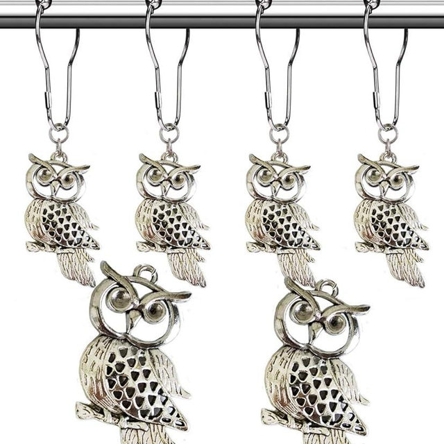 Aimoye Country Shower Curtain Hooks - Rust Proof Brushed Nickel Rings with Owl Pendant Accessories Set - Decorative Metal Shower Curtain Hooks and Rings for Bathroom Shower Curtain Rods, Set of 12