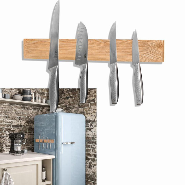 Hamletoff Premium Wood Magnetic Knife Holder for Refrigerator – 15 Inch Professional Double Sided Magnetic Knife Strip for Fridge - Ash Wooden Magnetic Knife Holder for Wall