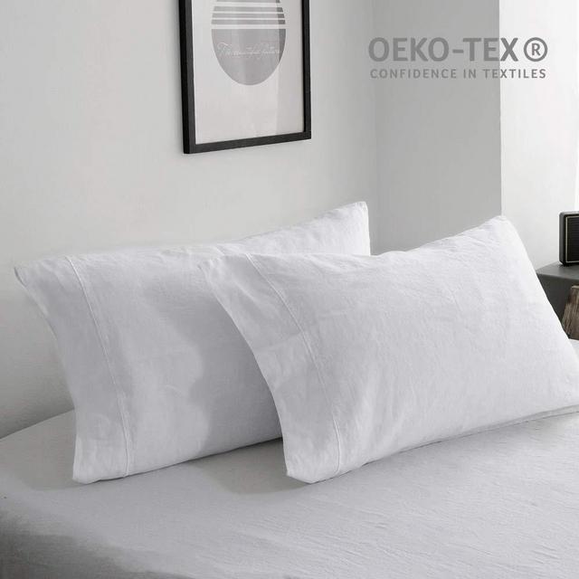 Simple&Opulence 100% Belgian Linen Pillowcase Emboridered-Set of 2, King Size(20''x40''), Stone Washed Solid Color-Soft and Durable, White