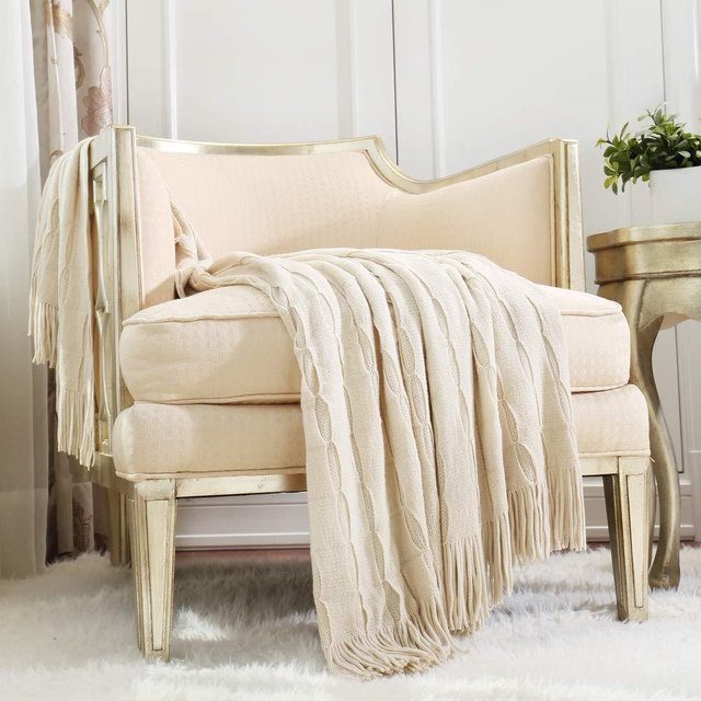 CREVENT Home Decor Rustic Couch Sofa Chair Bed Throw Blanket, Soft Warm Cozy Light Weight for Travelling, Giftable for Christmas(50''X60'' Beige / Ivory)