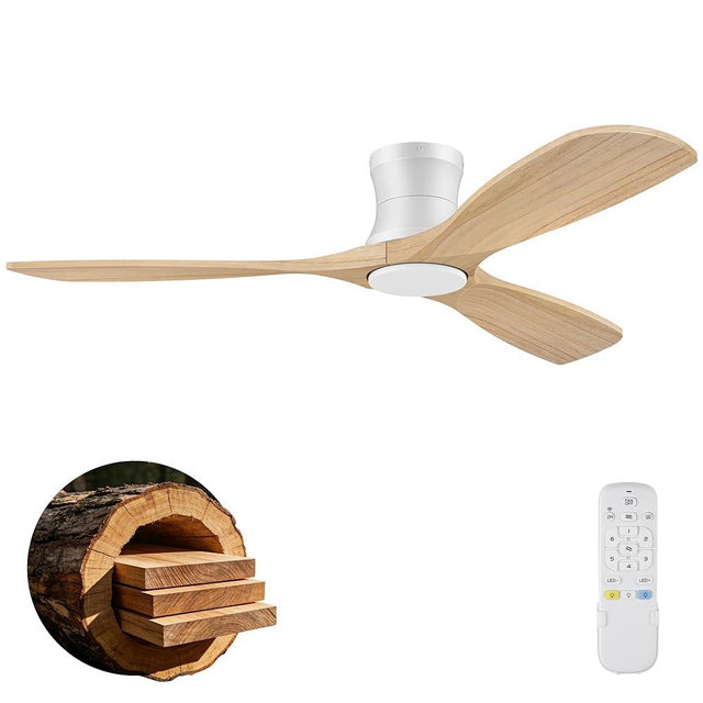 52” Wood Ceiling Fans with Lights Remote,Low Profile Flush Mount Ceiling Fan with Light,Outdoor Indoor Modern Ceiling fans for Bedroom Living room Patio,Light Wood&White,3 Blades,Dimmable LED,Quiet