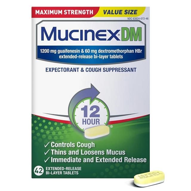 Mucinex DM 12Hr Maximum Strength Chest Congestion & Cough Medicine For Adults, Cold And Cough Medicine for Excess Mucus Relief, 1200 mg Guaifenesin & 60 mg Dextromethorphan HBr, 42 Bi-Layer Tablets