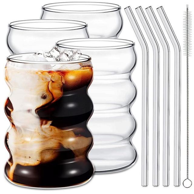 Ework4U 4 Pcs Drinking Glasses with Glass Straw 14oz Glassware Set,Cocktail Glasses,Iced Coffee Glasses,Beer Glasses,Ideal for Water,Soda,Tea,Gift - with Cleaning Brushe