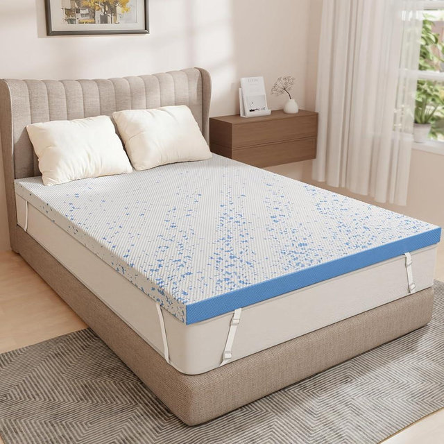 OhGeni Medium Feel Full Size Cooling Gel Memory Foam Mattress Topper Pad, Washable Bed Cover with Anti-Slip Base & Zipper,Fits 6"-19" Mattresses with Straps,Extra Comfort for Sleep &Back Pain Relief