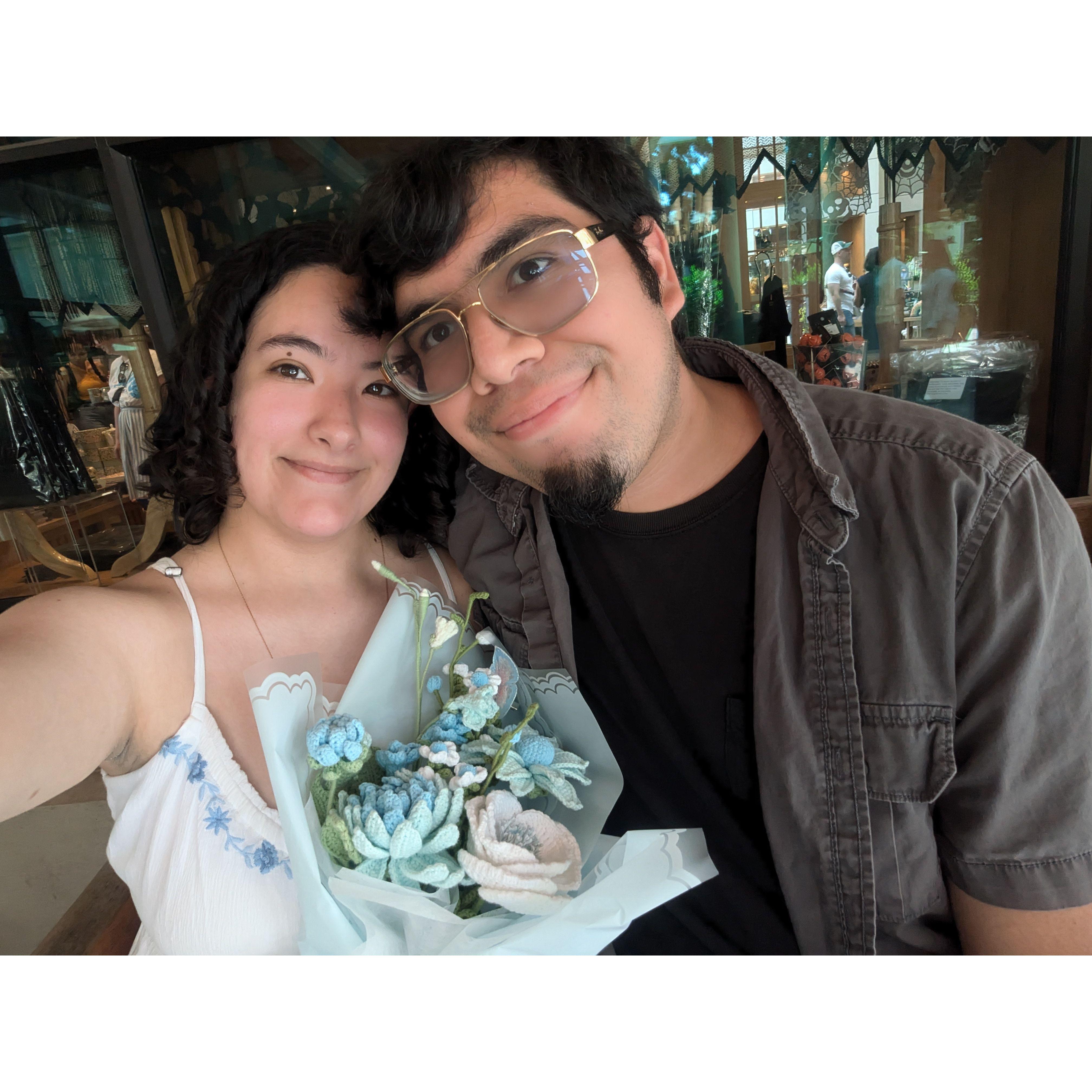 He surprised her with a bouquet of crochet flowers for her bachelorette party.