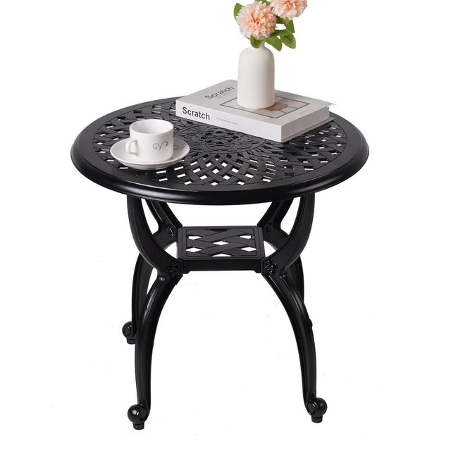 WILOUNGE Cast Aluminum Outdoor Side Table,Outdoor Coffee Table,Small Outdoor Table,Outdoor Side Tables for Patio,Garden,Balcony, for All Weather (Black, Round), WIL001