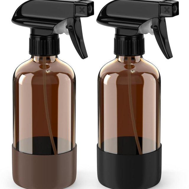 Bontip Glass Spray Bottle with Silicone Sleeve Protection, Amber Glass Spray Bottle Set for Window Cleaner Aromatherapy Facial Hydration Watering Flowers Hair Care 2 Pack/8 oz (Black & Brown)