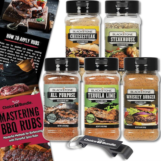 Blackstone Whiskey Burger Steakhouse Tequila Lime All Purpose Cheesesteak Premium Barbecue Griddle Seasoning Rub 5 Pk (38.9 oz) + BBQ Masters & Opener (7 Items)!