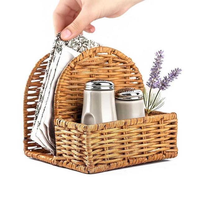 Goraffia Rattan Napkin Holder with Salt & Pepper Organizer – 5.5"x5.5"x5.5" Cute Wicker Napkin Holder for Kitchen, or Dining Table, Handwoven Boho Organizer Tray (Honey)