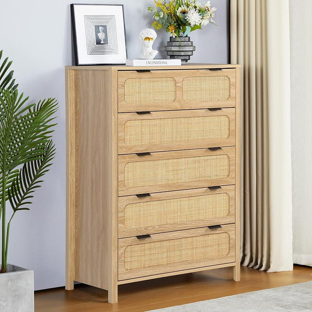 UHMUVFM 5 Drawer Dresser with Rattan Finish, Modern Farmhouse Chest of Drawers with Metal Handles, Accent Wood Storage Cabinet for Bedroom, Living Room and Kitchen (Natural)
