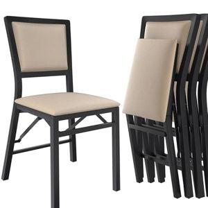 VECELO Folding Chairs Set of 4 with Cushion, Foldable Padded Seats with Heavy Duty Metal Frame for Kitchen/Dining/Living Room, No Assembly & Space Saving Design, Beige