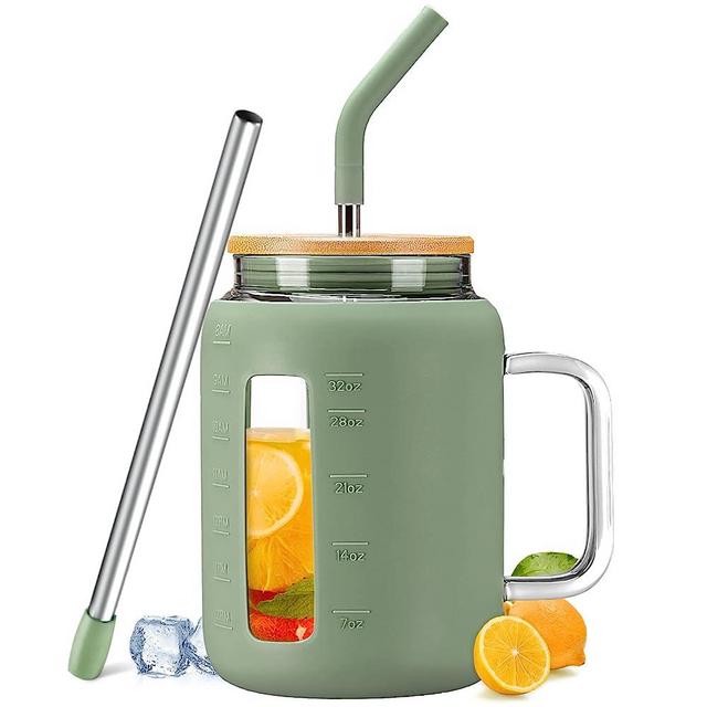 Kodrine 32 oz Mug Tumbler, Glass Tumbler with Handle, Tumbler with Lid and Straw, Water Bottle Jug with Handle, Wide Mouth Water Tumbler Cups for Camping, Travel, Dishwasher Safe BPA Free, Olive