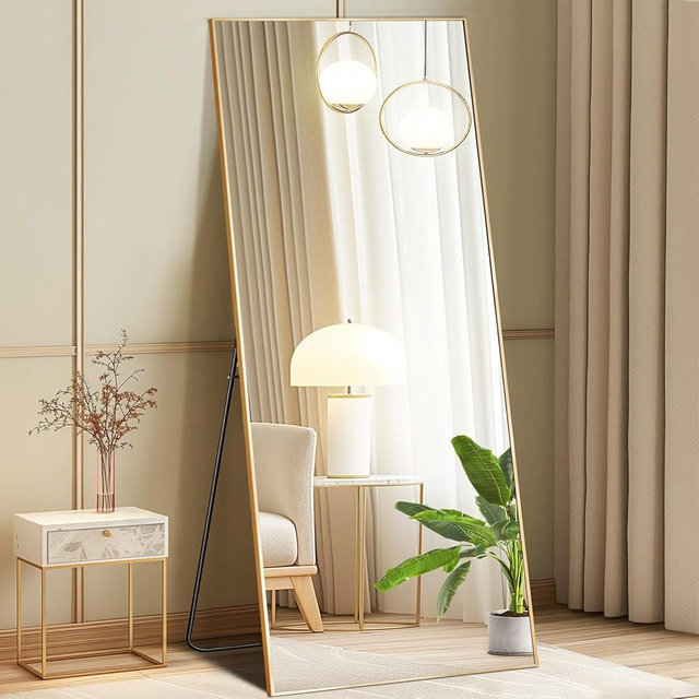 DUMOS 24"x65" Full Length Mirror with Stand, Floor Standing Aluminum Frame, Shatter-Proof Nano Glass for Bedroom, Living Room, Cloakroom – Modern Simple Home Decor,Can Be Hanging or Leaning, Gold