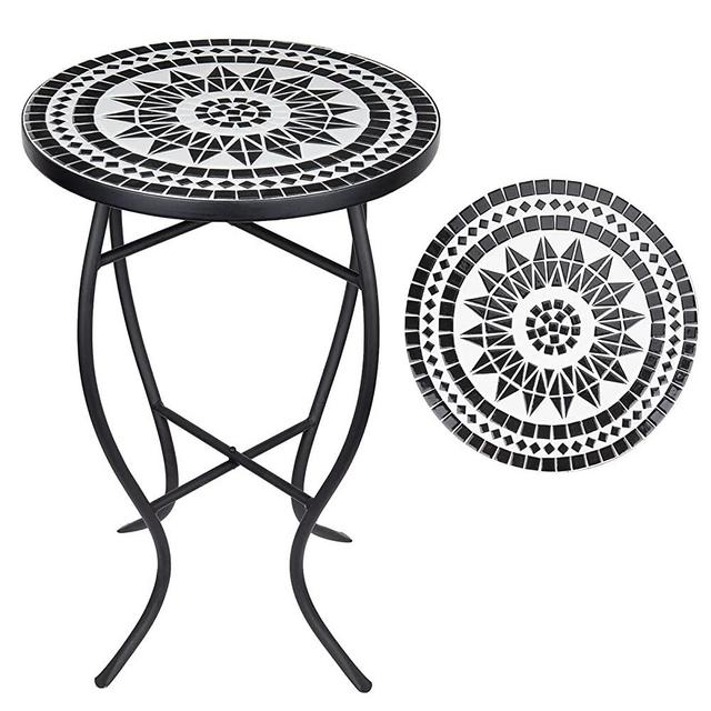 Vipush Mosaic Patio Side Table Outdoor Accent Table Bistro Coffee Table Plant Stand Indoor Folding Round End Table for Small Porch Balcony Backyard,Black