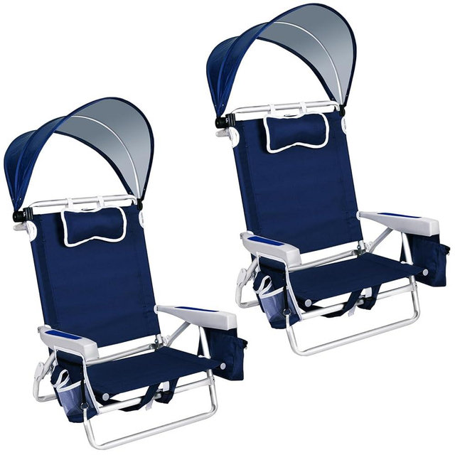 Romswi Extra Wide Beach Chair with Canopy Shade, 2 Pack Aluminum Folding Chairs with Detachable & Adjustable Umbrella, 5-Position Lay Flat, Cooler Bag, Cup & Phone Holder, Towel Bar, Navy Blue
