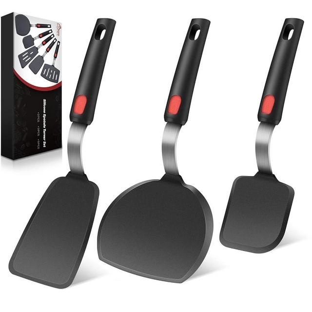 Hotec Silicone Spatula Turner for Nonstick Cookware, Cooking Spatula 600°F Heat Resistant Large Flexible Rubber Spatula Set of 3, Kitchen Utensils for Flipping Eggs, Burgers, Pancakes, Crepes