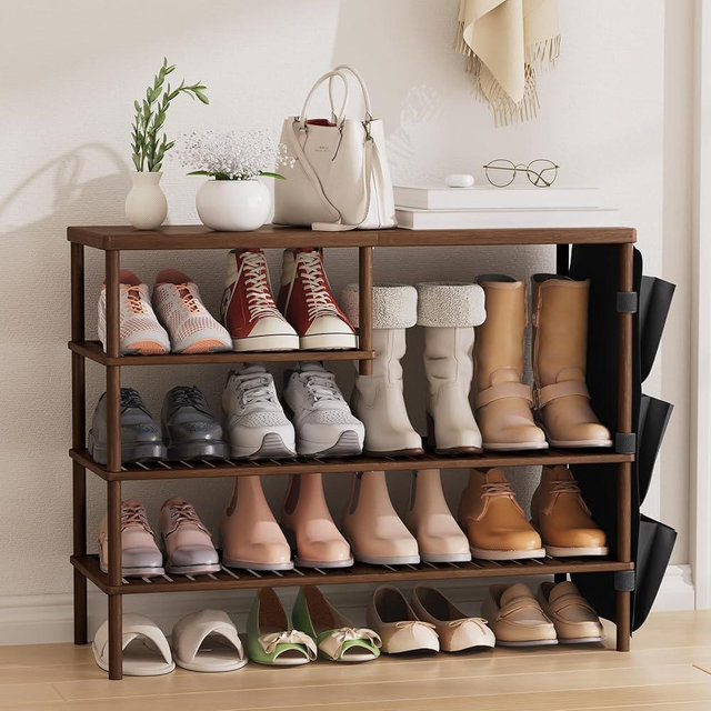CozyBath Bamboo Shoe Rack, 4 Tiers Shoe Organizer for Closet, Shoes Storage for 20-24 Pairs, Freestanding Shoe Shelf with Removable Pocket for Entryway Bedroom Front Door Dorm, Walnut Brown