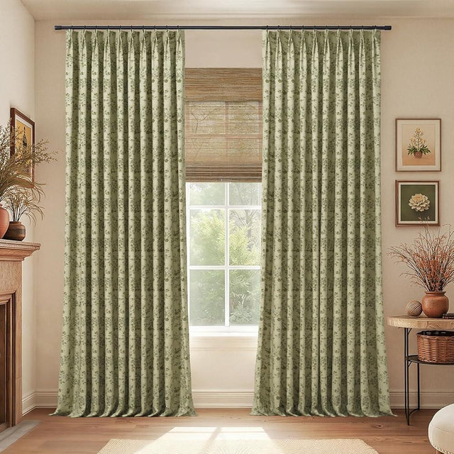 TWOPAGES Pinch Pleated Floral Curtain 84 Inch Long Blackout Drape Linen Textured Printed Curtain for Bedroom Bathroom (Vintage Linen, 40W x 84L Inches, 1 Panel)