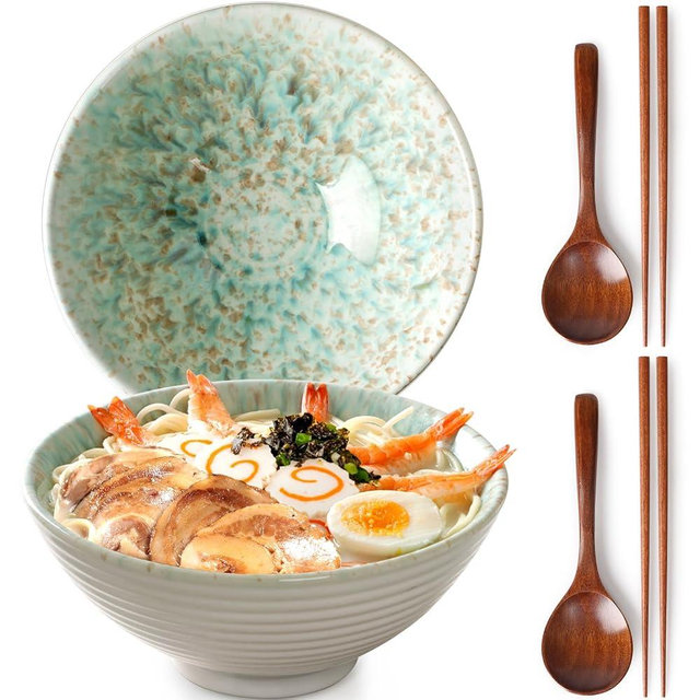 NUTRIUPS 8 Inch Ceramic Ramen Bowl Set of 2 Pho Bowls 40oz Japanese Noodle Udon Soup Bowls with Spoons and Chopsticks (Forest)