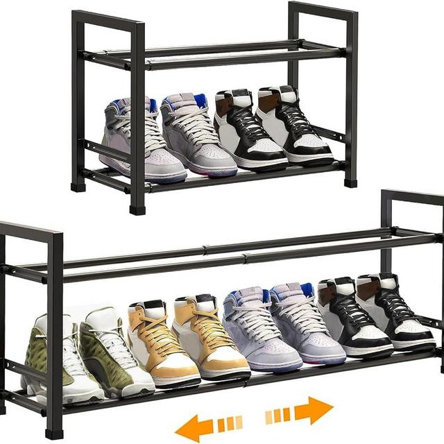 Bumusty Expandable 2 Tier Shoe Organizer Rack, Shoe Rack for Closet, Closet Shoe Rack Storage, Small Shoe Rack for Entryway Small Space Floor Door, Black