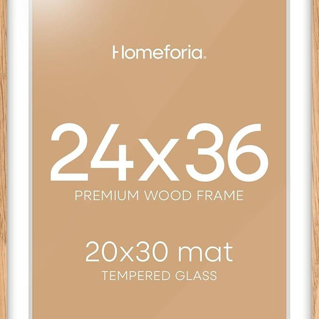 Homeforia 24x36 Poster Frame Wood, High End Natural Oak 24 x 36 Large Picture Frame with Mat 20 by 30, 24x36 Light Wooden Frames Matted to 20x30 Photo, 36x24 Frames, Tempered Glass, Wall Kit, Set of 1