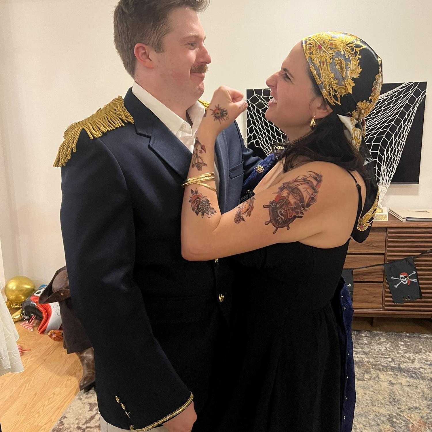 At a very fun murder mystery party! Koki refused to let Mitch buy a costume off of Amazon and insisted they make theirs. You can take the girl out of theatre . . .