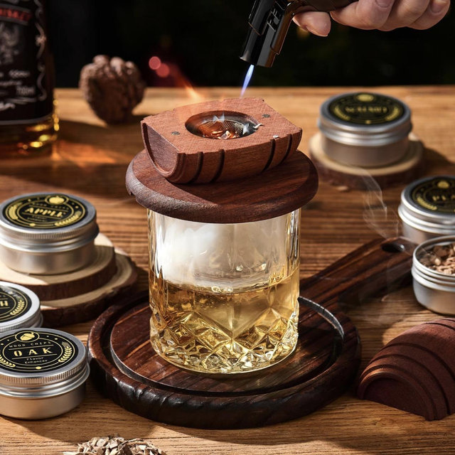 Whiskey Smoker Kit with Torch - 6 Flavors Wood Chips, 2 Glasses, 2 Ice Ball Molds - Cocktail Smoker Infuser Kit, Old Fashioned Drink Smoker Kit, Birthday Bourbon Whiskey Gifts for Men,Dad(NO Butane)